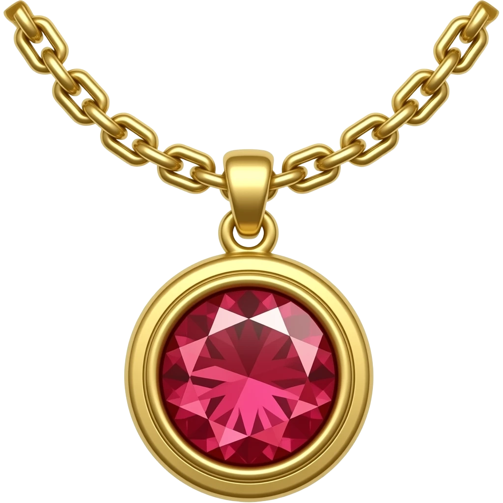 Emoji of a thick gold chain with a big round golden medallion pendant containing a shiny red diamond in the center, luxury style, white background, clean emoji icon emoji