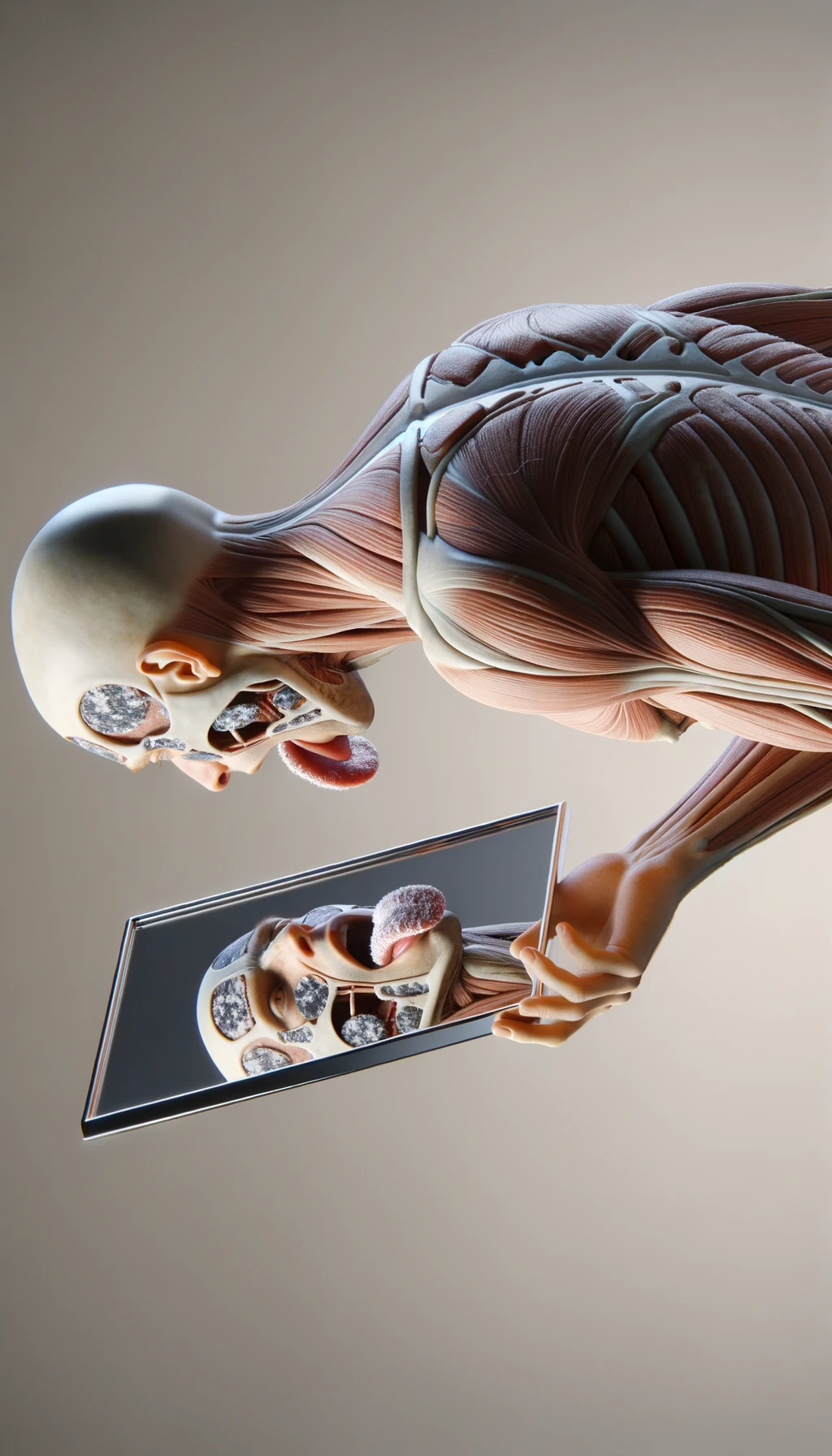 CORPO UMANO ANATOMICO IN PIEDI  A FIGURA INTERA CHE SI GUARDA LA LINGUA ALLO SPECCHIO , TIENE LA LINGUA FUORI E LA LINGUA è PIENA DI MACCHIE BIANCASTRE, NEUTRAL CLEAR BACKGROUND, iperrealistico 4k emoji