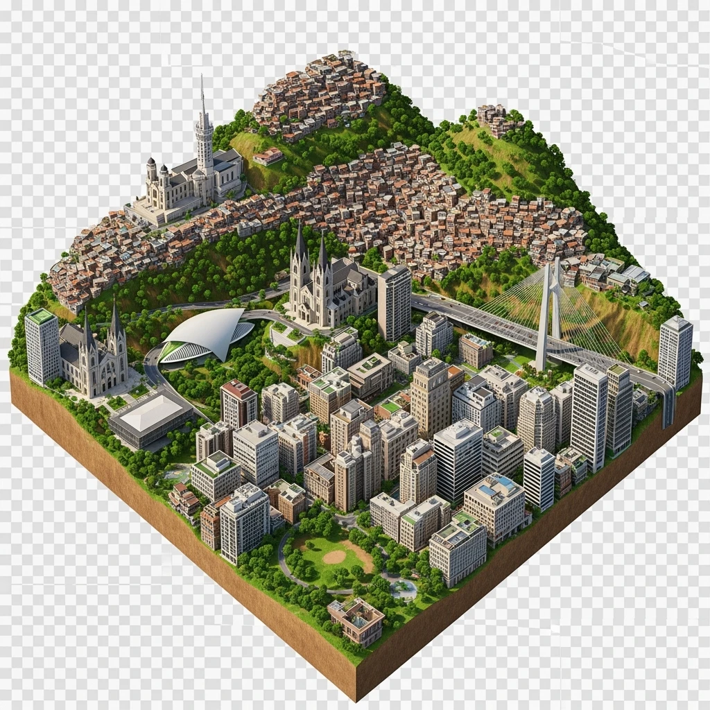 Isometric miniature of São Paulo Catedral da Sé, MASP, Octávio Frias Bridge, and Altino Arantes building, favelas on hillsides, dense chaotic urban blocks, and green parks 3D miniature effect and Tilt Shift effect, no cartoonish look, transparent background. emoji