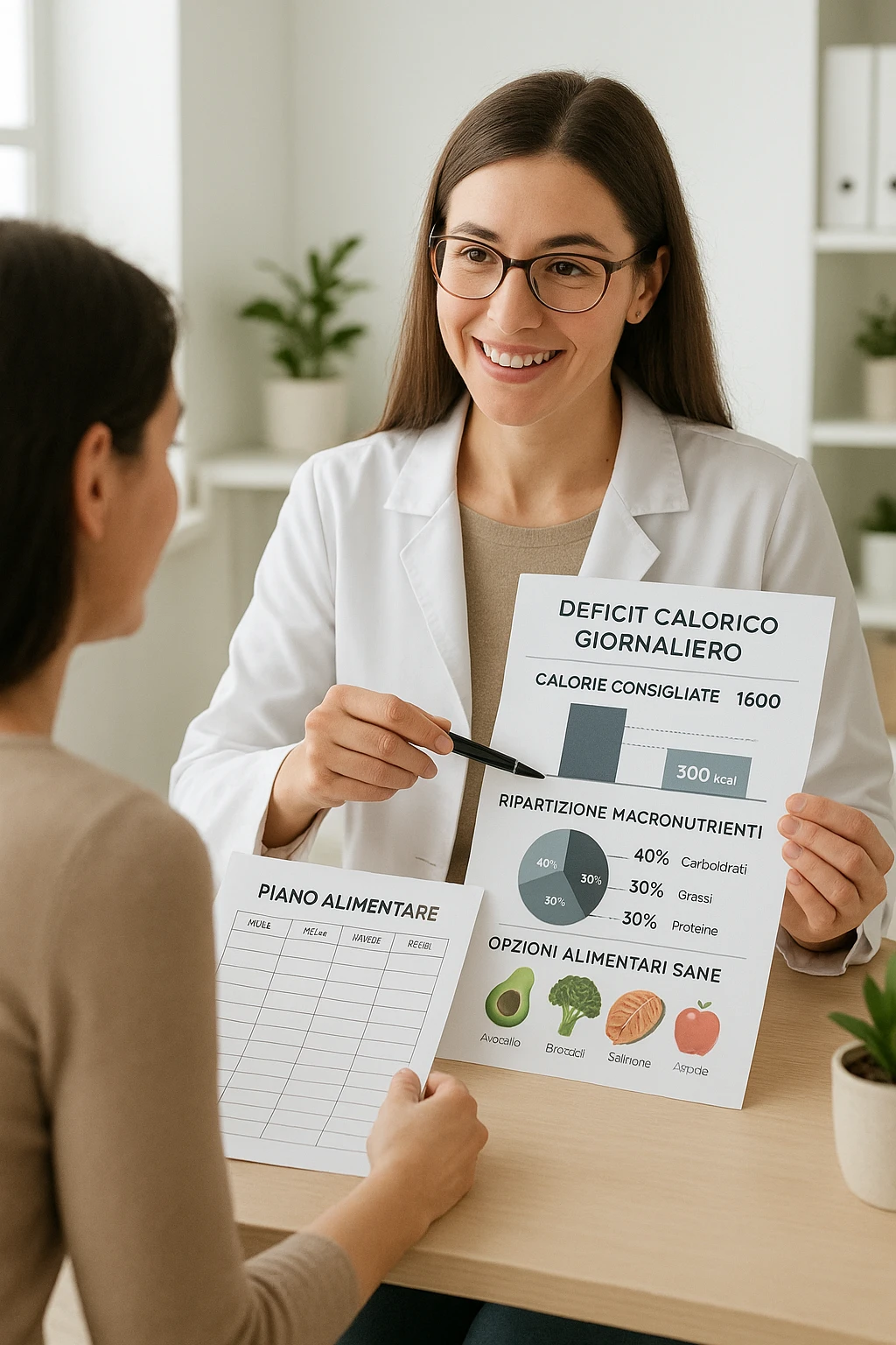 a nutritionist sits at a desk with a client, showing a personalized meal plan and a chart that clearly displays the client’s specific daily caloric deficit. The nutritionist points to the chart, which includes recommended calories, macronutrient breakdown, and healthy food options. The mood is professional, supportive, and educational. scritte in italiano emoji