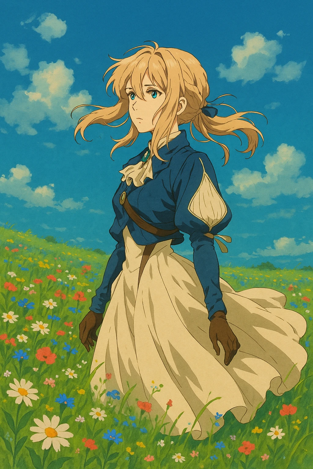Violet Evergarden, standing in a field of flowers, wind blowing her hair and dress, cinematic anime illustration emoji