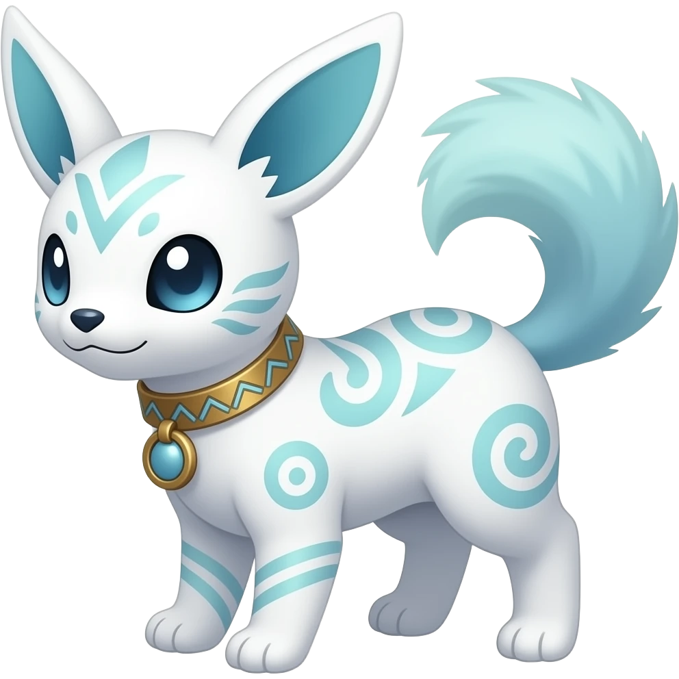 Rare cute edgy cool elegant beautiful neon iridescent white exotic cute epic aesthetic gothic colorful Salandit-Eevee-Civet-species-Fakemon-hybrid-creature, with a collar, and with intricate tribal markings, full body emoji