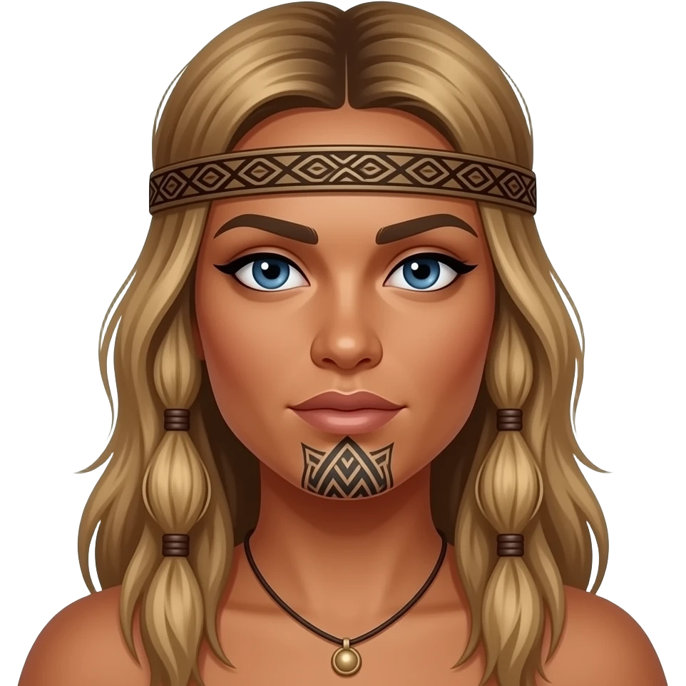 Maori warrior female with moko Kauwae on chin only dark skinned Taniko headband long blonde hair and blue eyes emoji