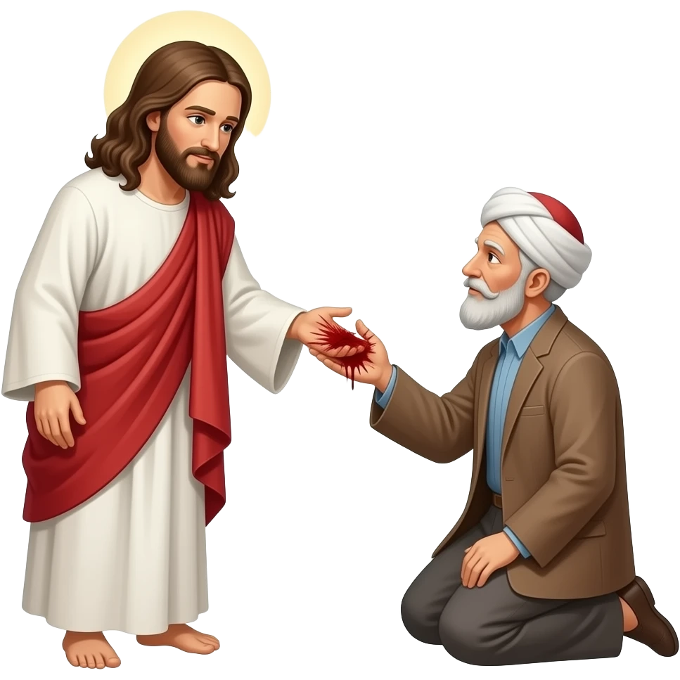 нарисуй как иисус протягивае руку пожилому мужчине мусульманину, который на коленях, а рука Иисуск кровоточит от распятия emoji