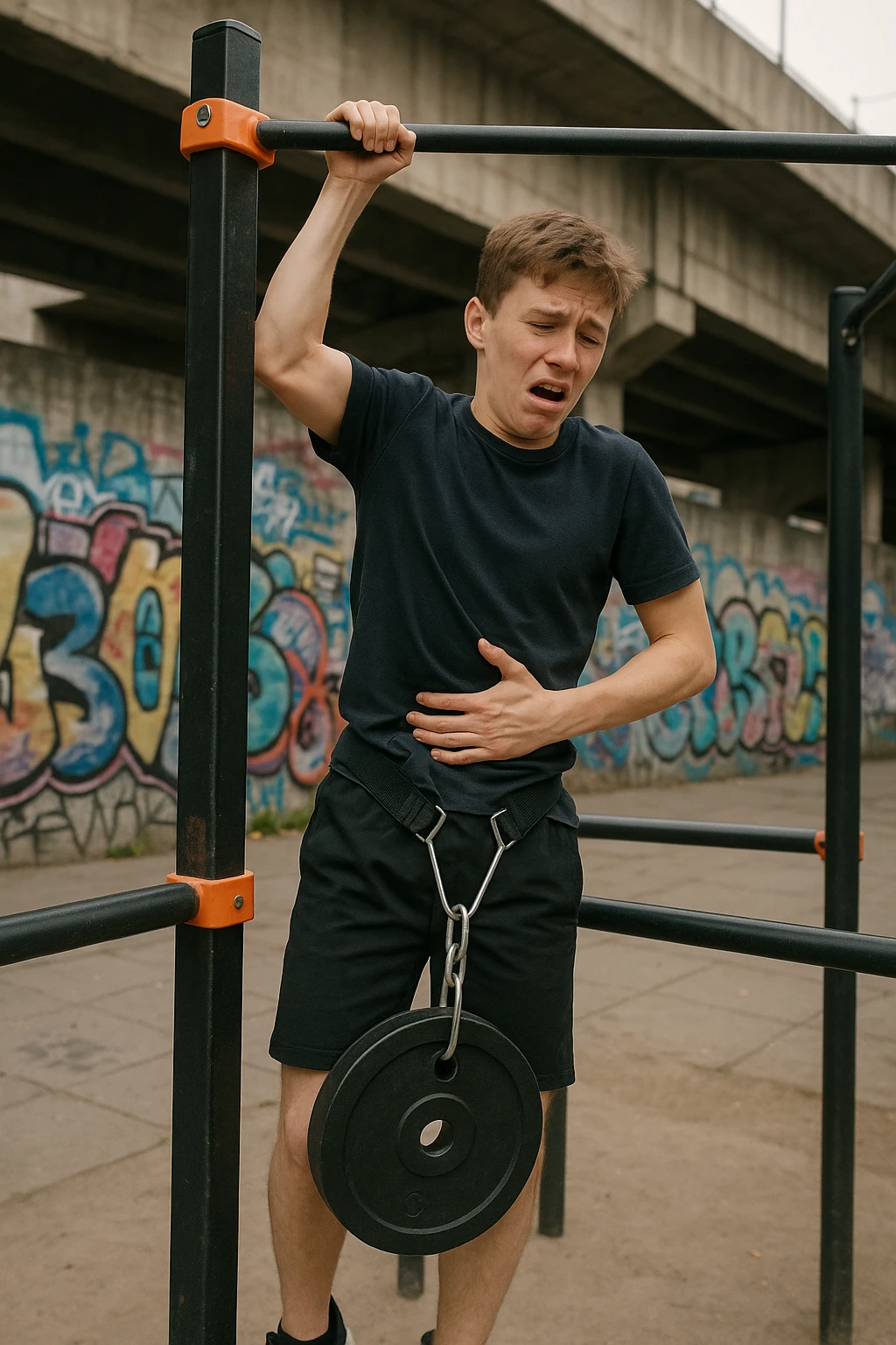 Giovane atleta neofita, fisico normale e non ancora sviluppato, si allena per la prima volta in uno spazio urbano per streetlifting: sbarra per trazioni, parallele, e pesi appesi alla cintura. Ma si è infortunato perchè non faceva le cose con la giusta tecnica. emoji