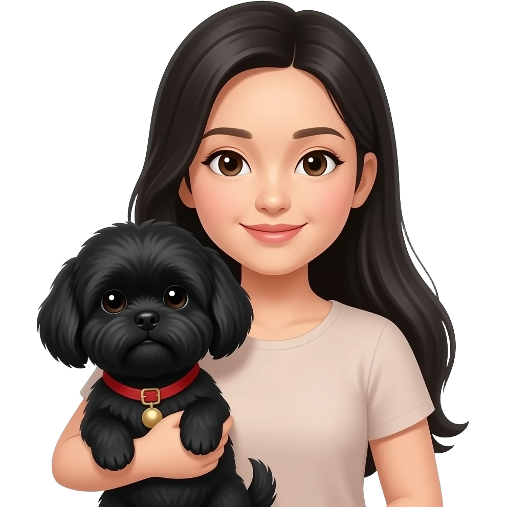 Black long hair Chinese woman holding a black shih tzu emoji