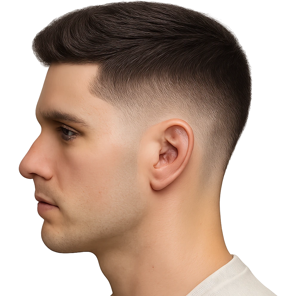 head with a low taper fade haircut, realistic hair texture, clean lines, modern barbered look emoji