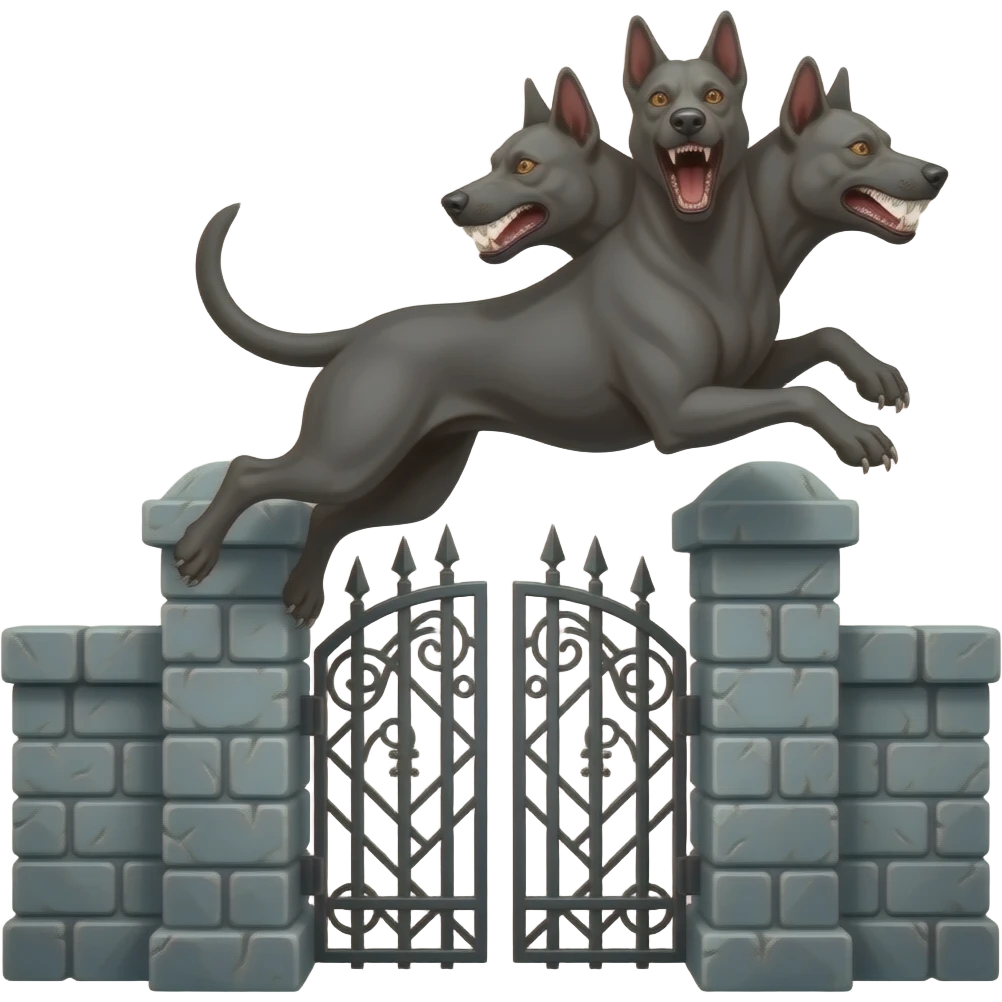 cinematic - cerberus, a three-headed haunting dog - jumping - that guards the gates of the underworld emoji