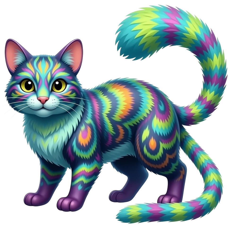 Exotic tropical lush Neon-colored fantasy feline-rodent-marsupial-critter-vernid-fursona animal creature full body with intricate markings emoji