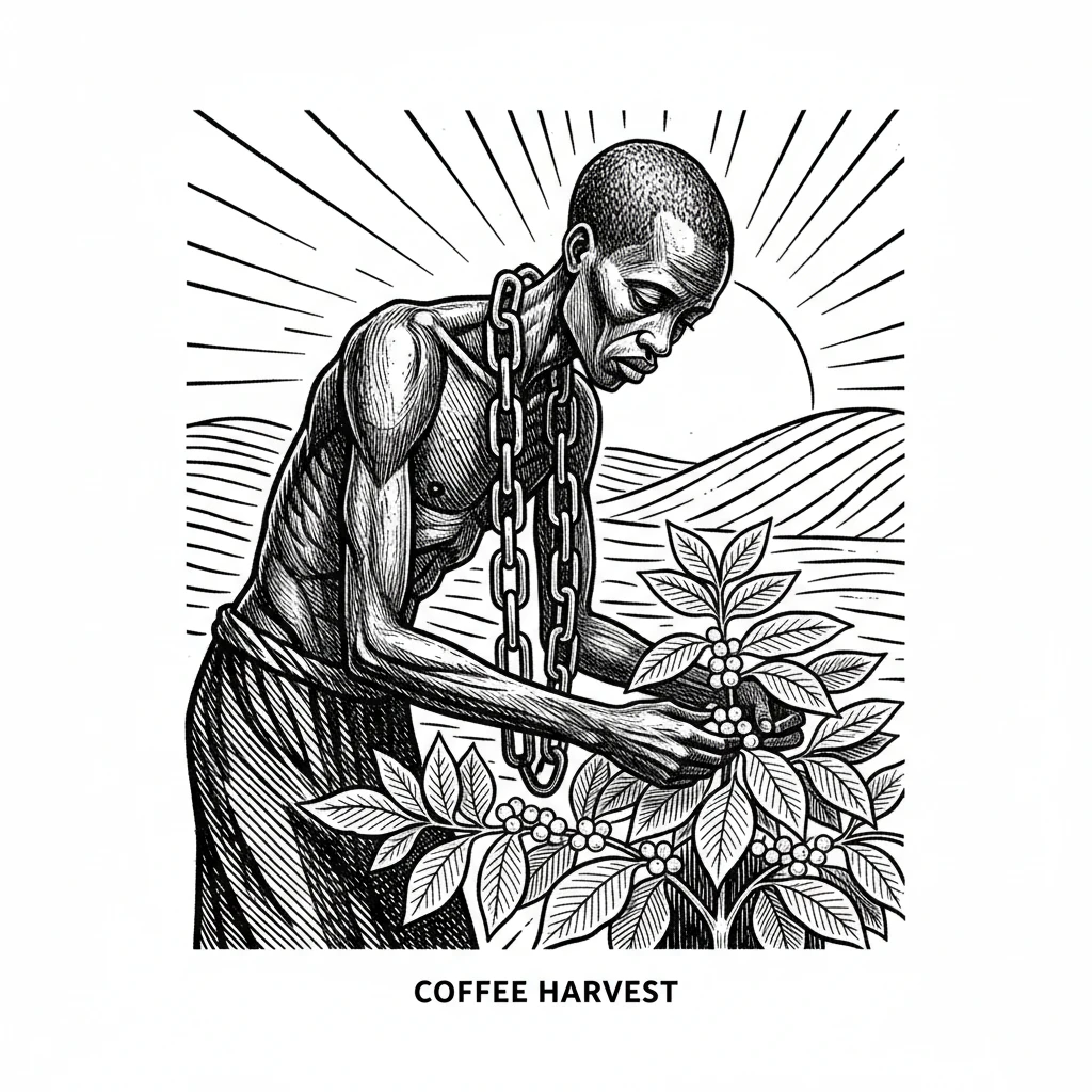 Сгенерируй мне в стиле черно белой гравюры африканского раба с цепью на шее который собирает КОФЕ. Гравюра должна быть максимально минималистичной emoji