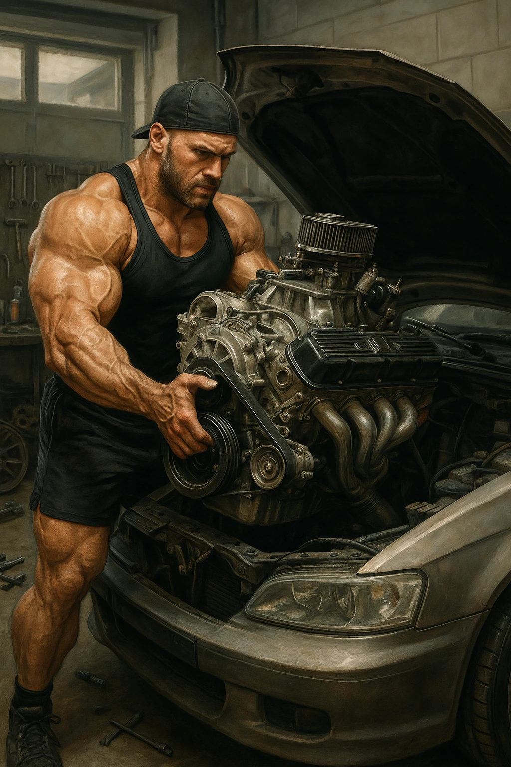 a muscular bodybuilder in gym attire stands next to a car with the hood open, lifting a large, shiny, high-performance engine with ease. His expression is focused and determined as he installs the new engine. The background is a modern garage, with tools and car parts scattered around, emphasizing strength and mechanical skill. emoji