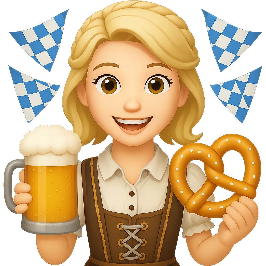 Add Oktoberfest props including a beer stein, pretzel, and blue-and-white decorations to the image. Keep the background transparent. The style should be consistent with the original image. emoji