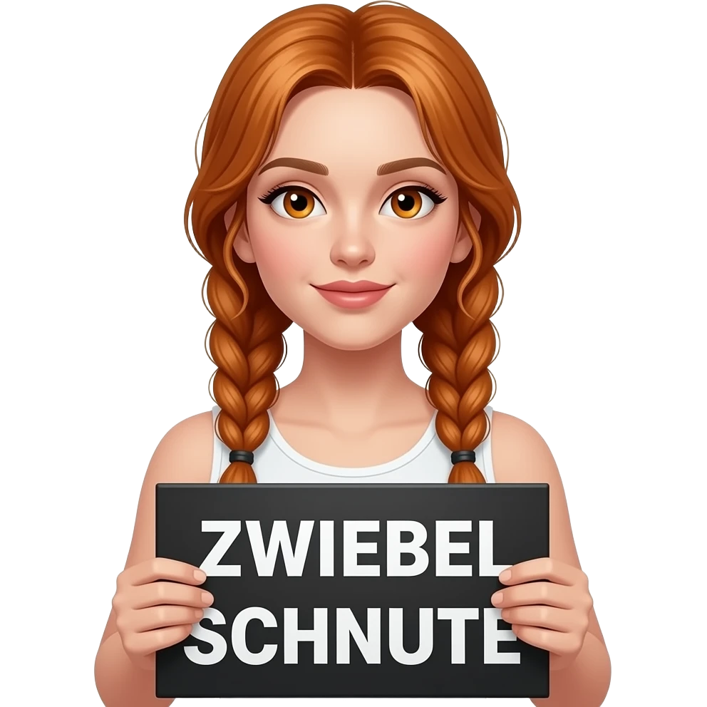 sexy girl with long ginger braids and ginger eyes wearing a white tanktop is holding a black sign with ZWIEBEL SCHNUTE written on it emoji
