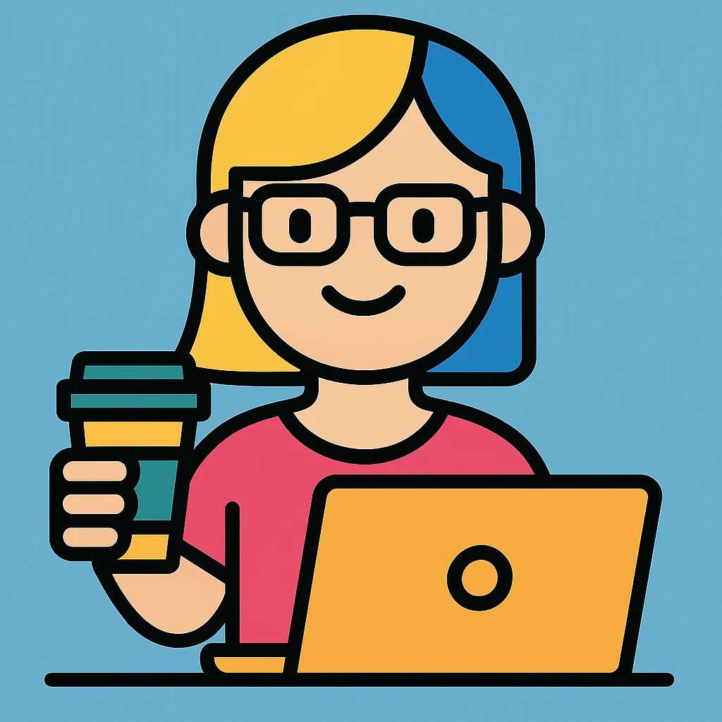 A girl with blonde hair and blue hair wearing glasses holds a laptop and a glass of coffee with a background emoji
