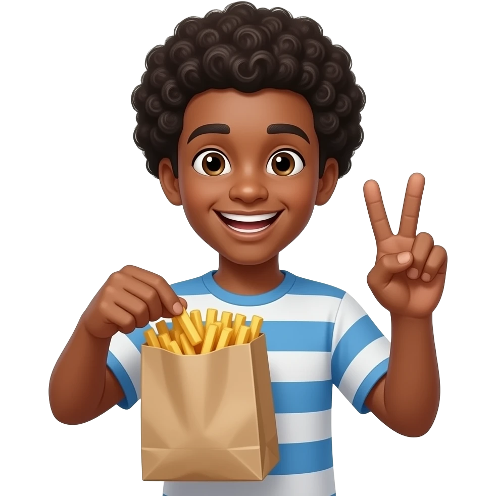 Black emoji teen with Afro laughing while putting the fries in the bag while holding peace sign emoji