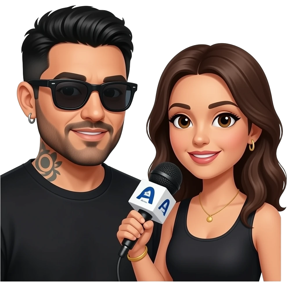 A podcast host, a handsome Latino man with medium hair, a graying beard, tattoos, hoops in his nose and ear, all in black with sunglasses, interviews a woman in front of a microphone with a logo reading "As I Am." emoji