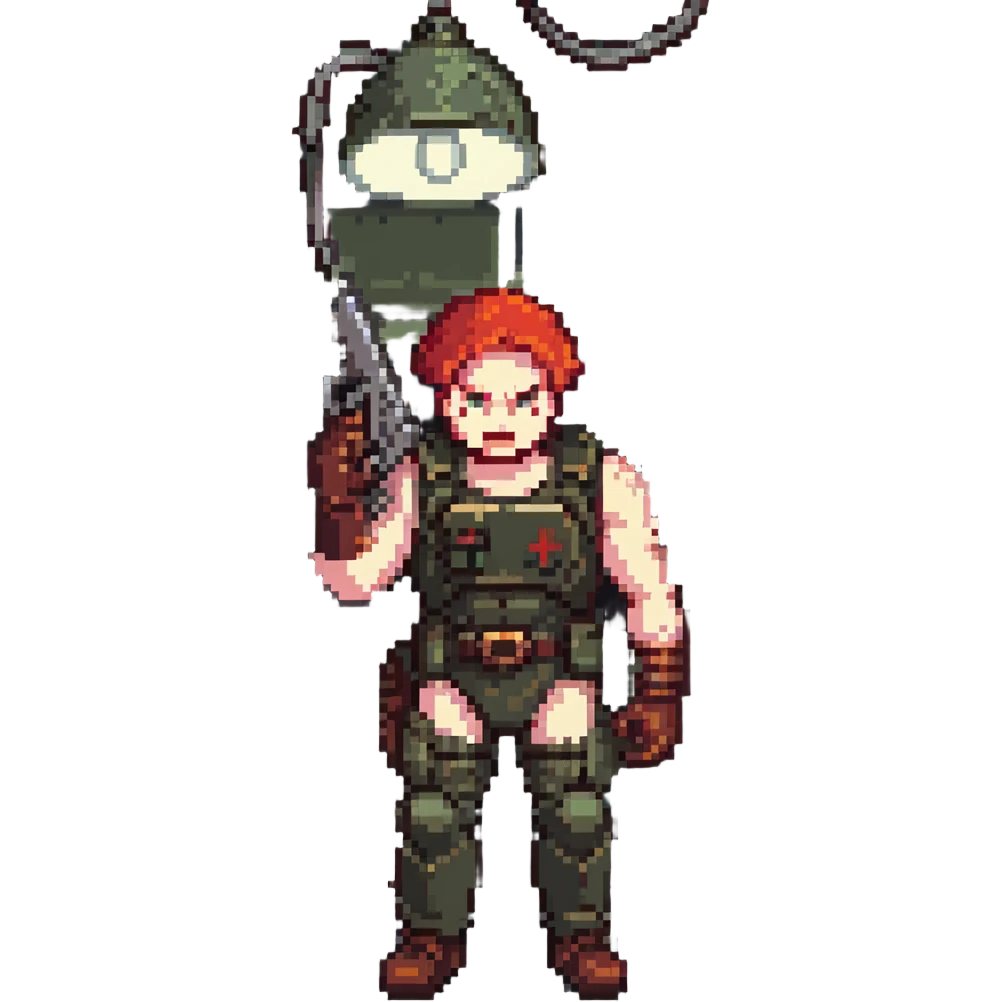 a SNES box art image of a man in military gear disarming a IED inside of a toolshed, dramatic single overhead lamp, he has red hair and a face like retro doomguy emoji