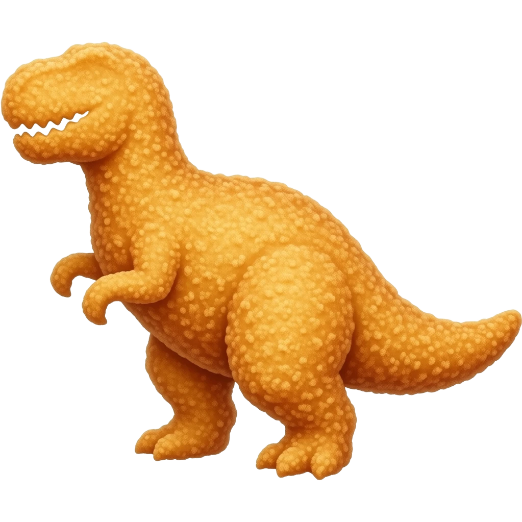 2D chicken nugget in the shape of a 2d silhouette of a dinosaur with a crispy crust emoji