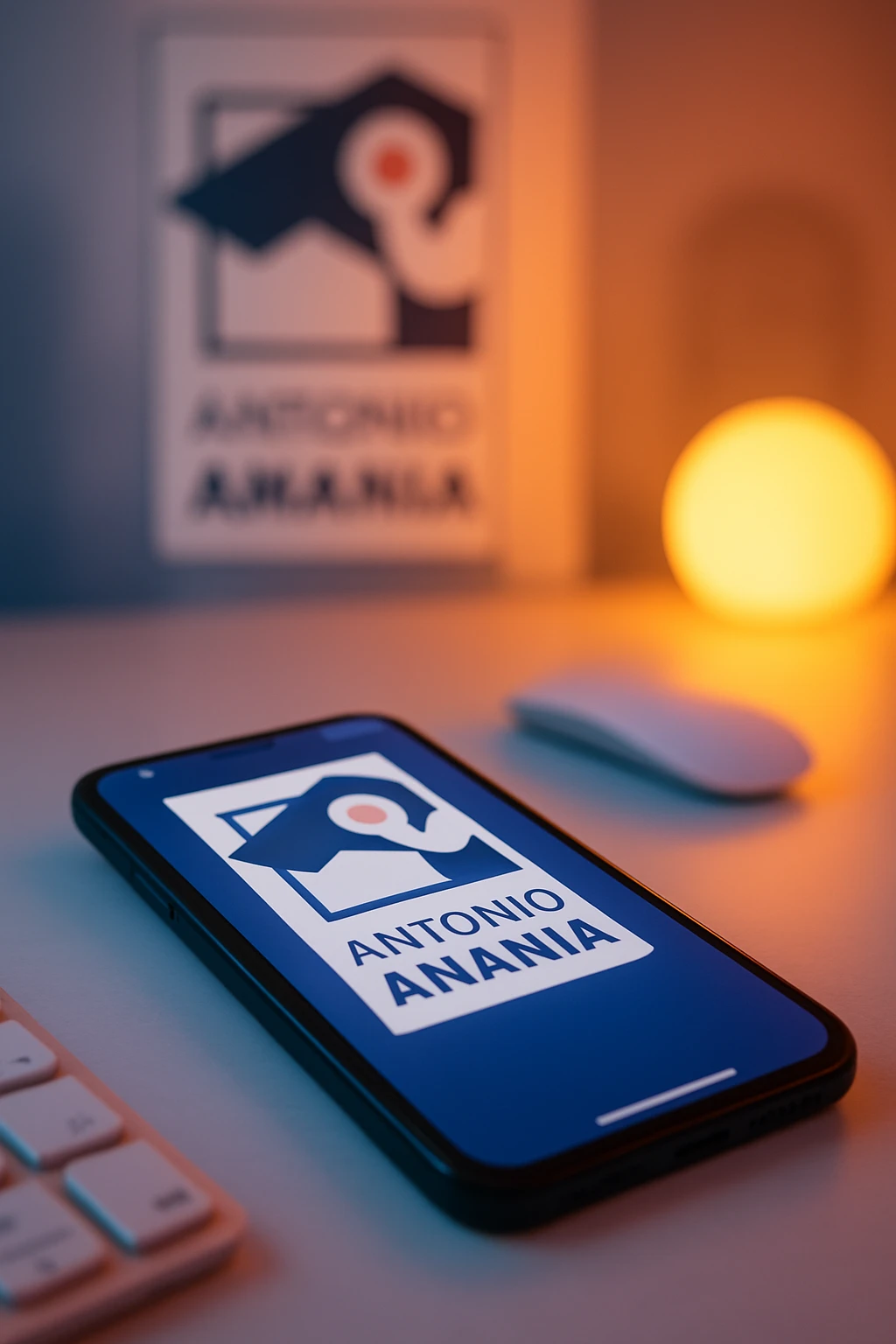 A photo of an iPhone on the desk with the logo of "Antonio Anania" on its screen, The phone sits atop a desk with a blurred with the logo in the background that suggests work environment. A faint glow from above casts gentle shadows across the surface of each object, creating depth and highlighting their textures emoji