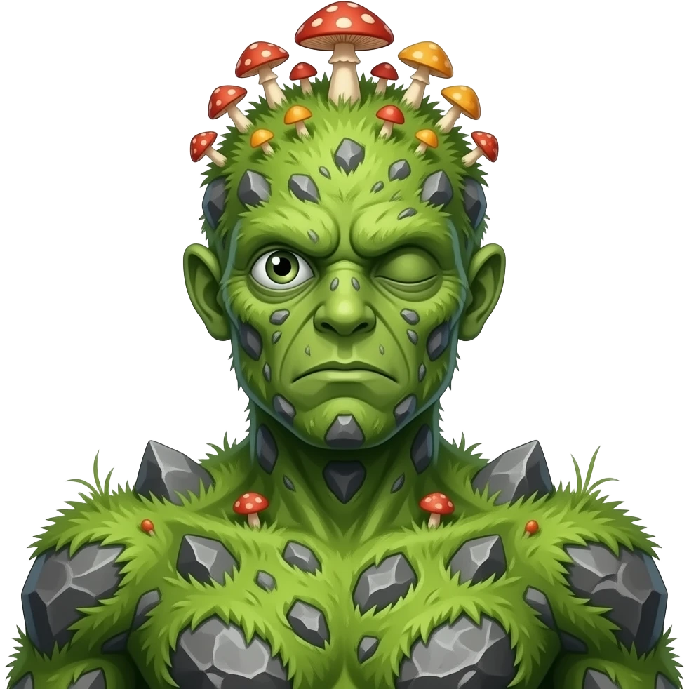 A humanoid thing with grass on it with rocks on it different mushroom growing on its head with no ears no mouth one single eye full body emoji