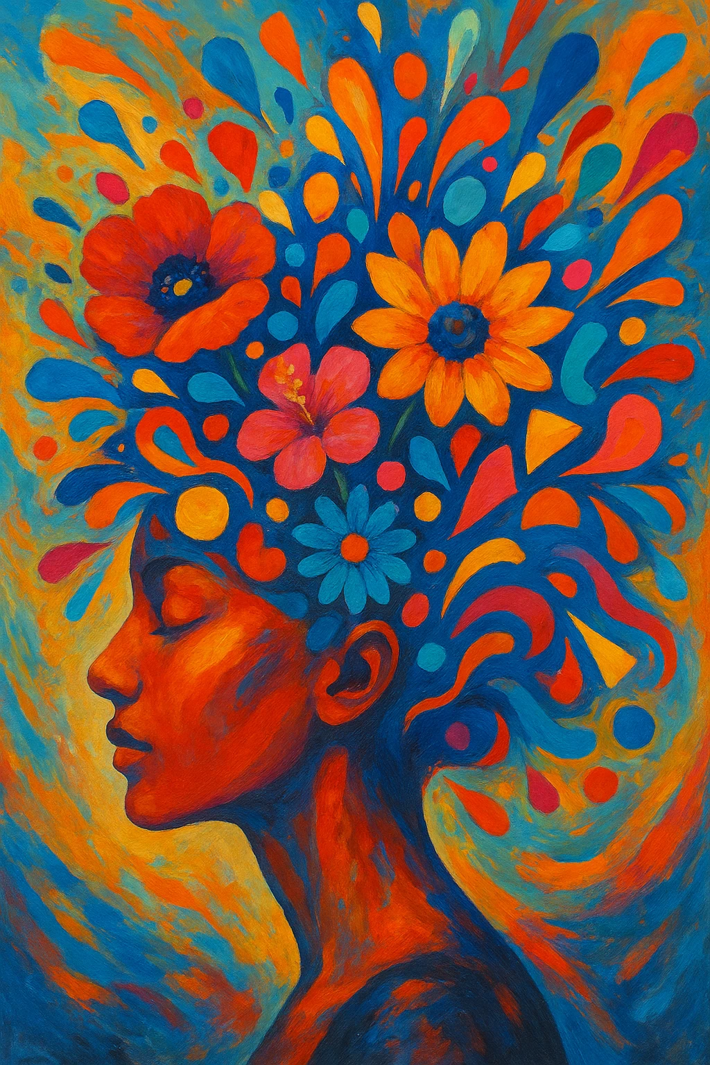 an abstract representation of a woman's head with her brain exploding into flowers and shapes, vibrant, artistic emoji