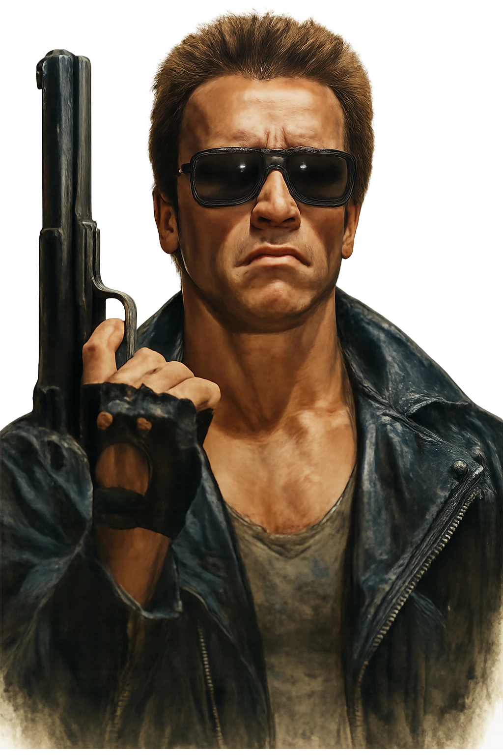 Terminator Arnold Schwarzenegger with sunglasses, holding a gun up, realistic painted style emoji