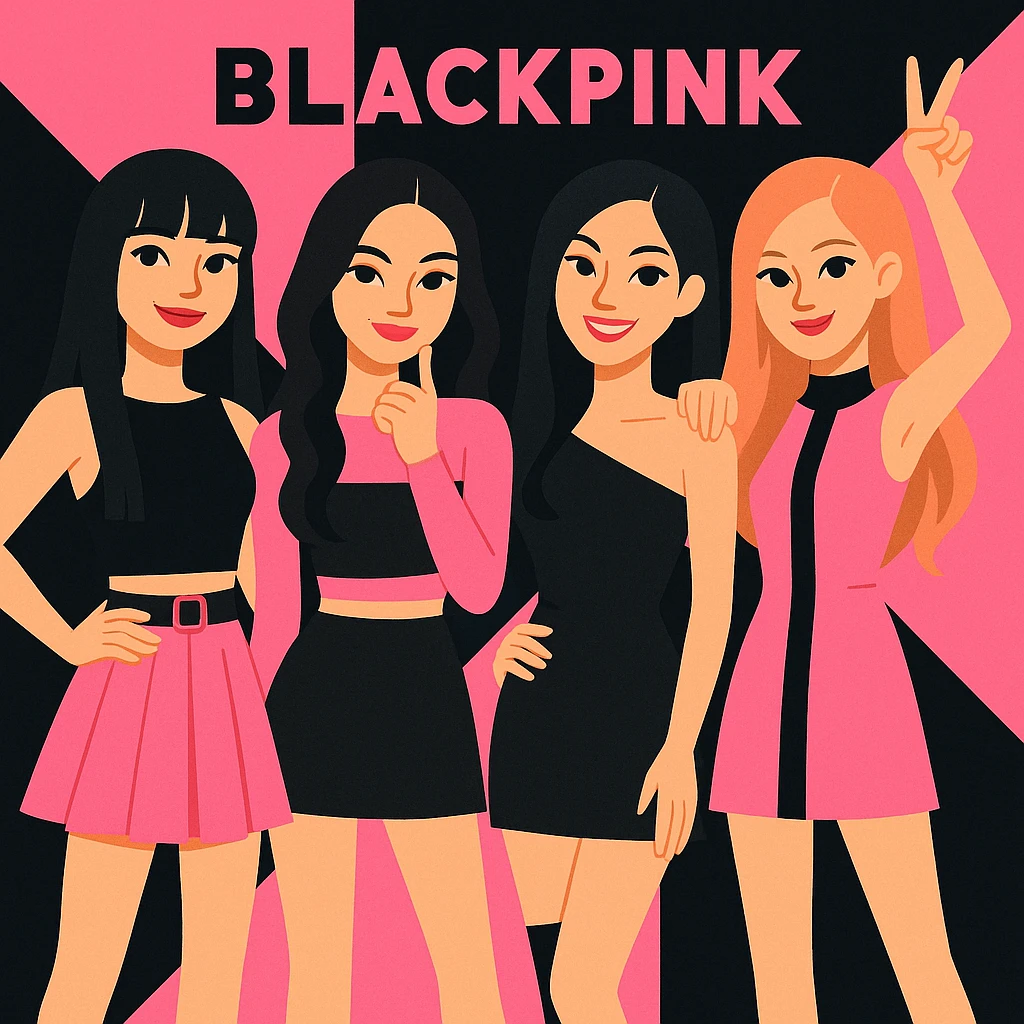 Blackpink K-pop group, pink and black colors, fashionable, confident, playful group pose emoji