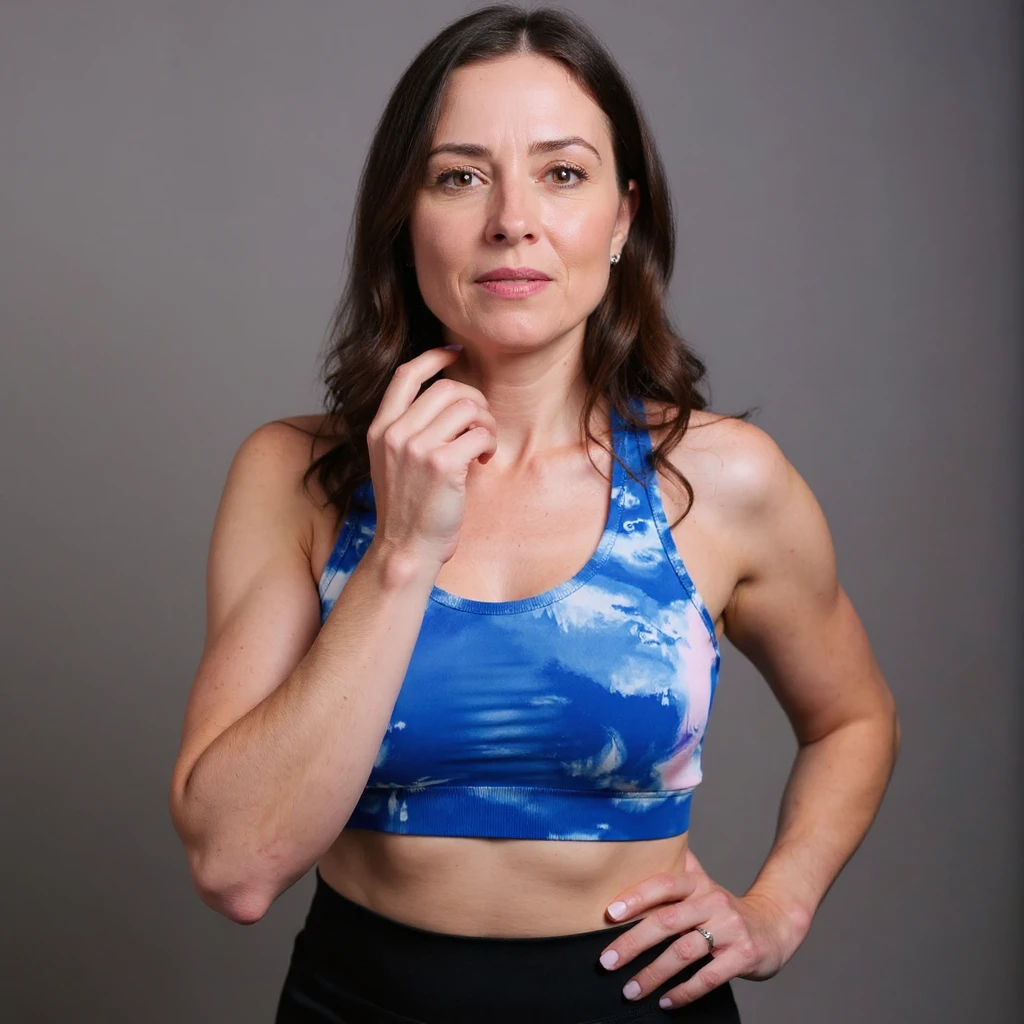 Realistic style woman in sportswear inspired by the reference photo, with one hand on her throat and the other on her belly, showing an expression of burning and reflux, neutral background. emoji