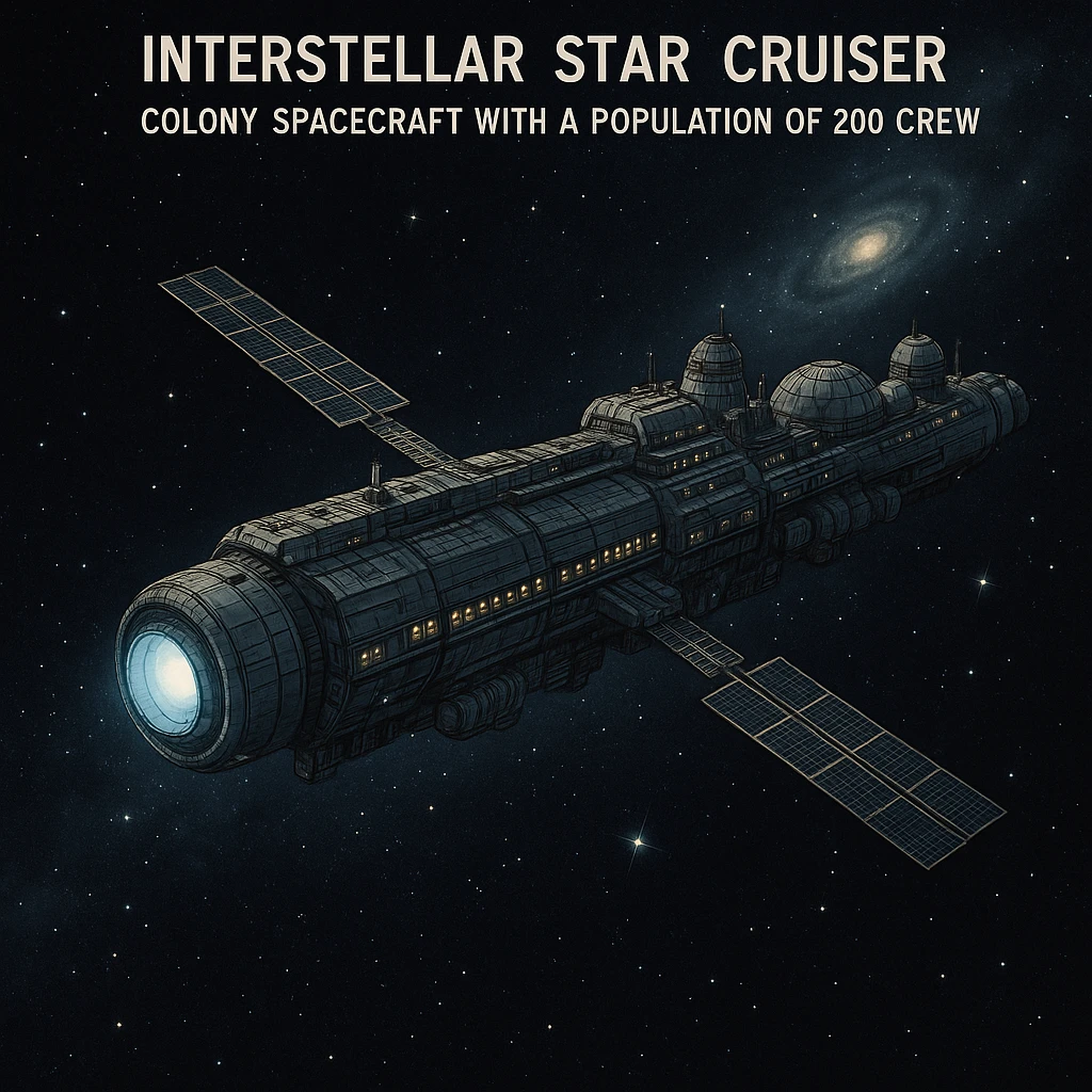 deep space textbook image of a interstellar star cruiser colony spacecraft with a population of 200 crew emoji