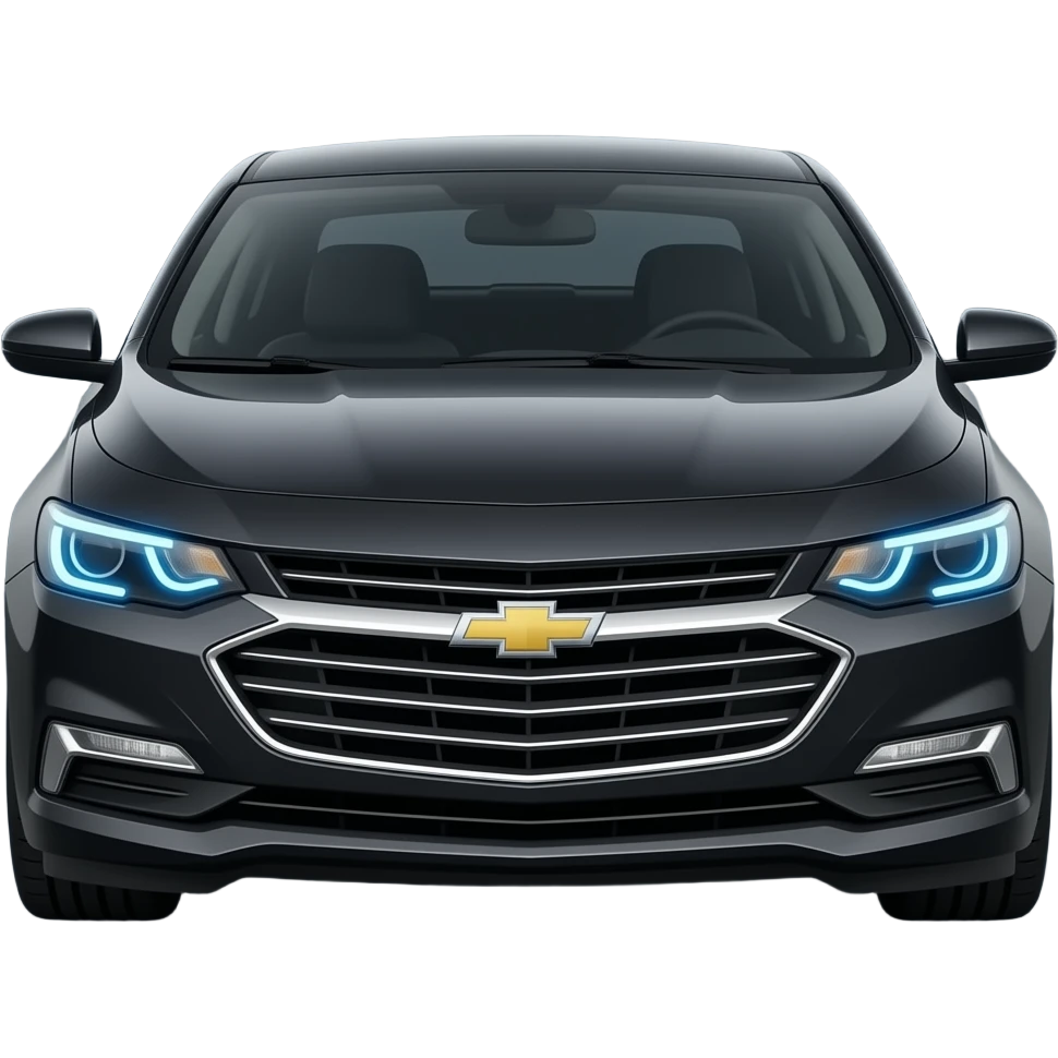 A realistic icon of a glossy black Chevrolet Malibu Premier, blackout limousine tint windows, gloss black alloy rims, ice blue LED headlights with a sharp glowing halo, high-detail, glossy finish, isolated on white background. emoji