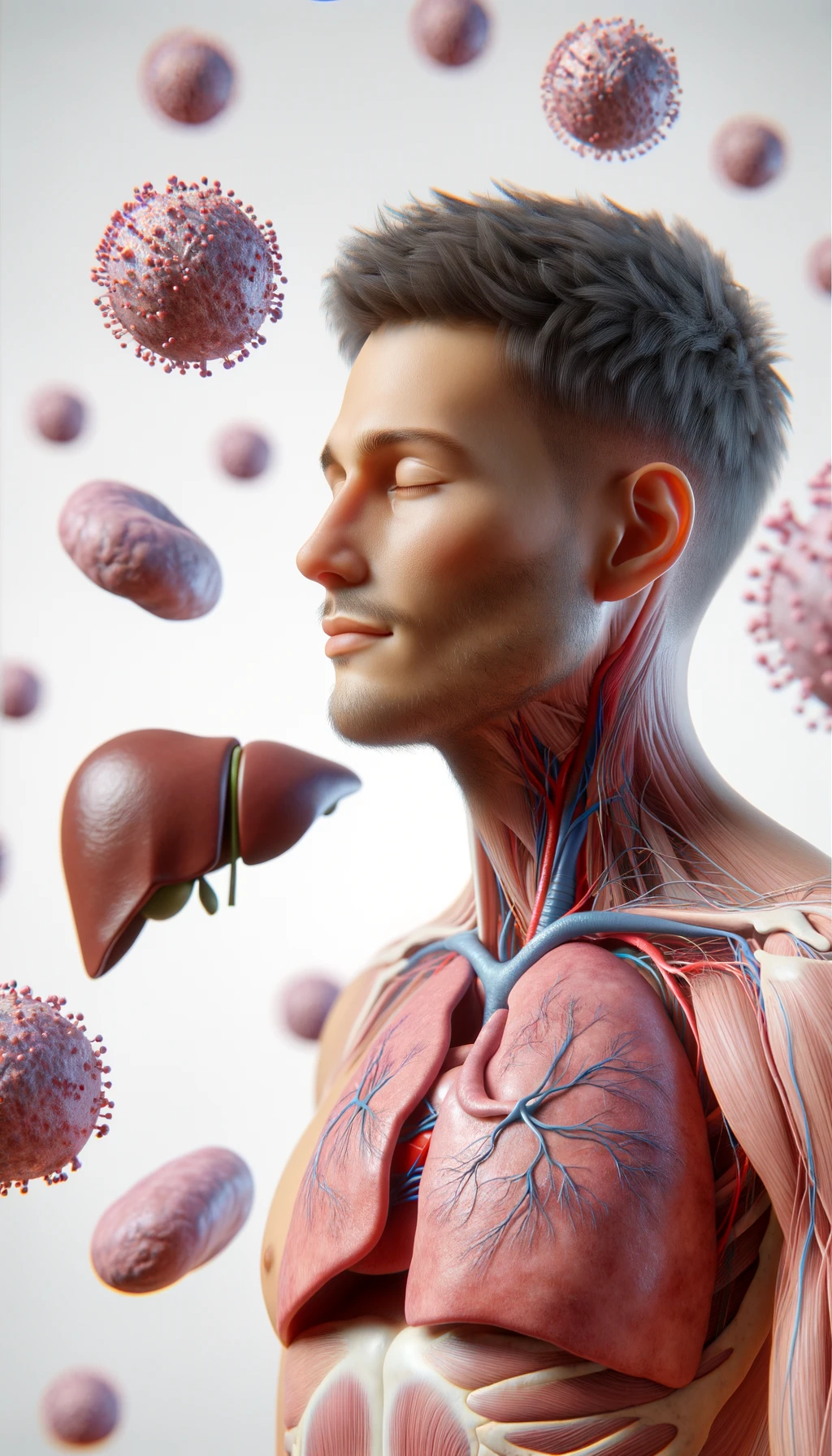 corpo umano anatomico con capelli corti e gli occhi chiusi, intorno a lui fluttuano cellule, fegato in evidenza, ha l'espressione rilassata, visto dal fianco iperrealistica 4k, isolato su sfondo bianco emoji