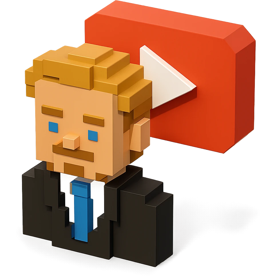 voxel style Leonardo DiCaprio with a large YouTube play button in the background, isometric view emoji