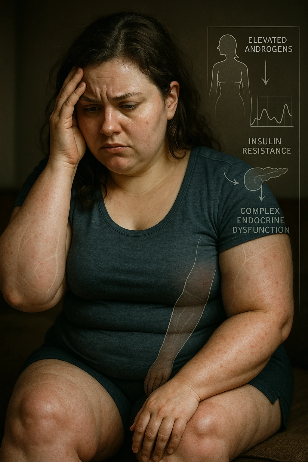 cinematic realistic Woman with PCOS struggling with hormonal chaos, transparent overlay showing elevated androgens and insulin resistance affecting her body, lipedema causing disproportionate fat accumulation in legs and arms despite normal torso, expression of frustration with unexplained weight gain, medical charts showing complex endocrine dysfunction, painful swollen limbs contrasting with metabolic confusion scrivi i testi in italiano emoji