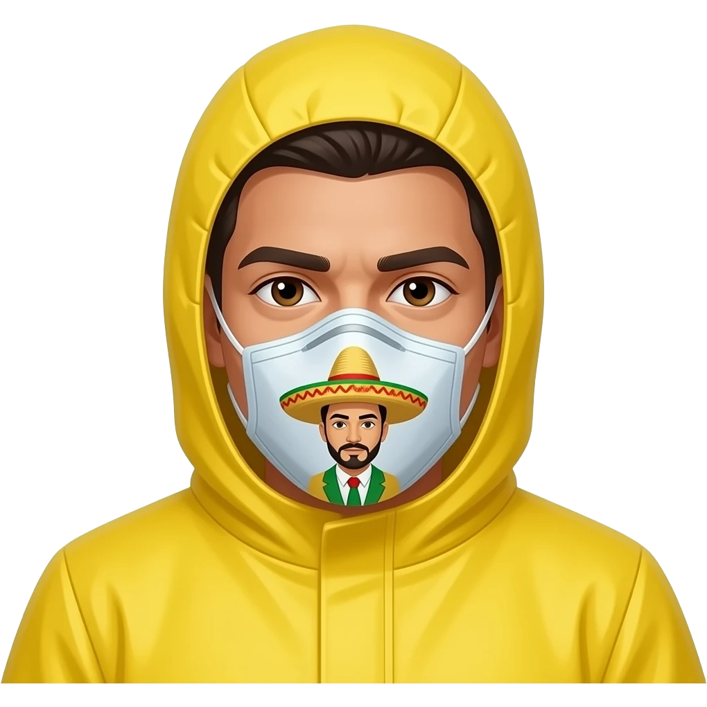 mexican man dark brown hair brown eyes yellow hazmat suit with hood on and mask with sombrero emoji