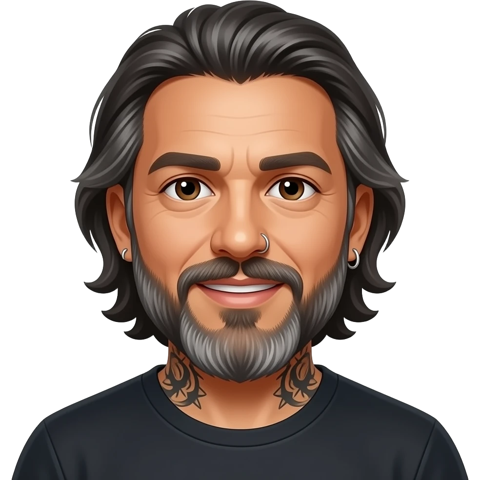 The handsome Latino podcast host with medium length hair, a long graying beard and tattoos with his ear pierced and right nostril as well as he is saying goodbye for the last time emoji