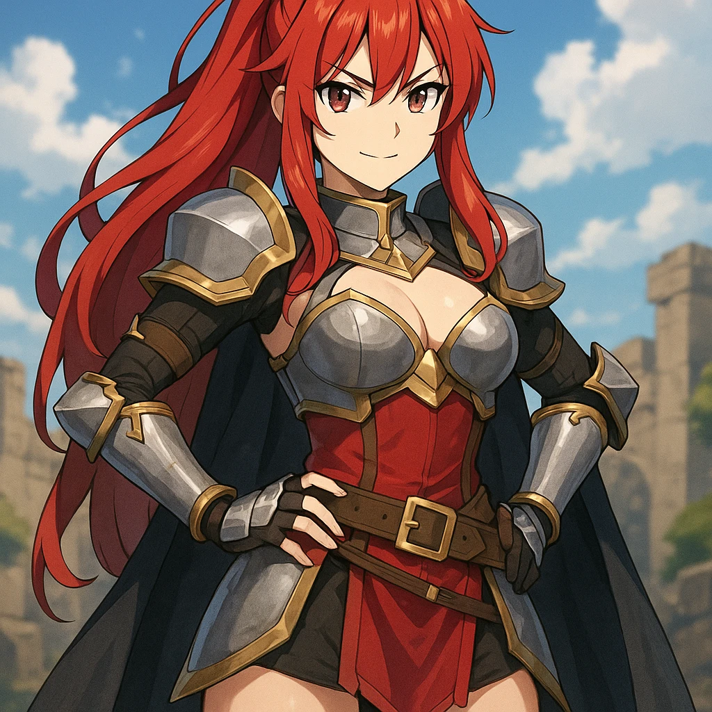 anime style woman with red hair in fantasy armor cosplay, confident pose emoji