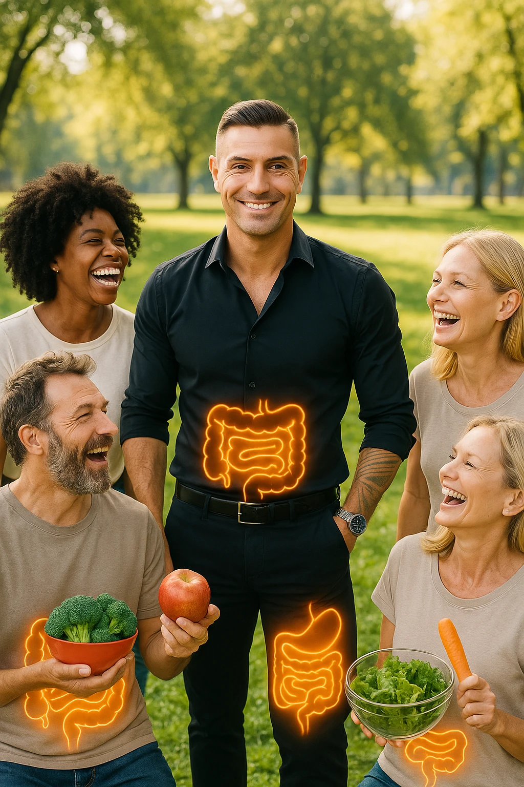  a smiling man stands at the center of a group of diverse, happy people in a bright park. Everyone has a subtle, glowing outline around their abdominal area, symbolizing a healthy gut. The group is laughing, sharing fresh fruits and vegetables, and the atmosphere is vibrant and full of energy. emoji