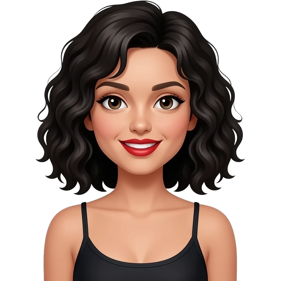 White chic with black medium length curly lob wearing a black singlet and bright red lipstick on her incredibly wafer-thin like lips emoji