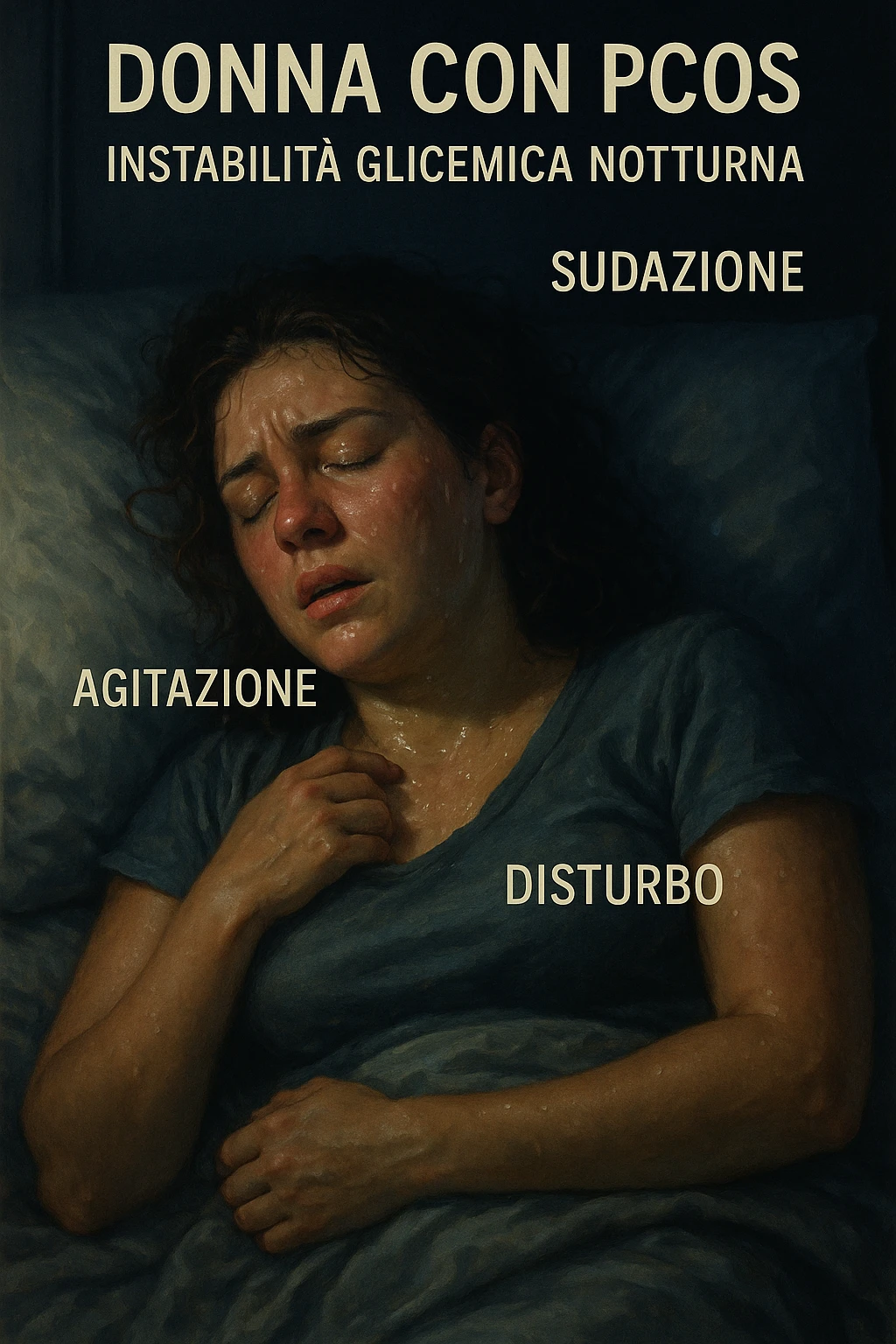 realistic and cinematic illustration of a woman with PCOS sleeping but showing symptoms of nocturnal glycemic instability such as sweating, agitation, discomfort, nighttime atmosphere, detailed realism, Italian captions, vertical 2:3 format emoji