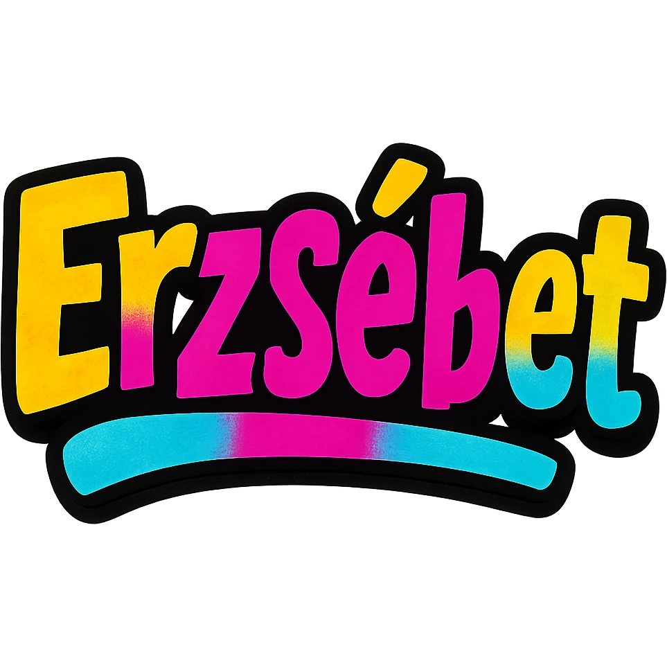 Erzsébet name in colorful gradient modern font with dark outline, transparent background, in the style of sample images emoji