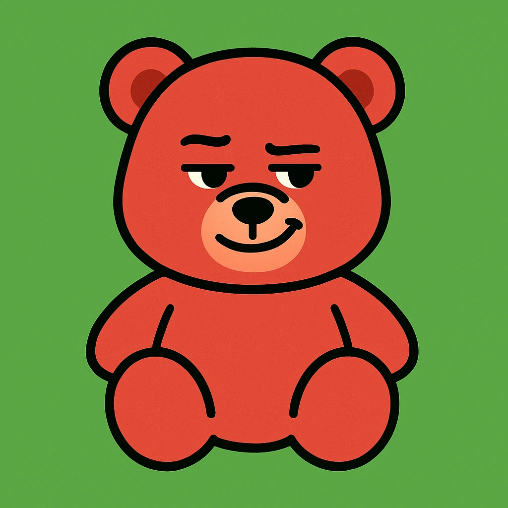 Create a red teddy bear with a smirking expression, simple and clear expression, on a green background. The style should be suitable for editing and versatile for emoji or illustration use. emoji