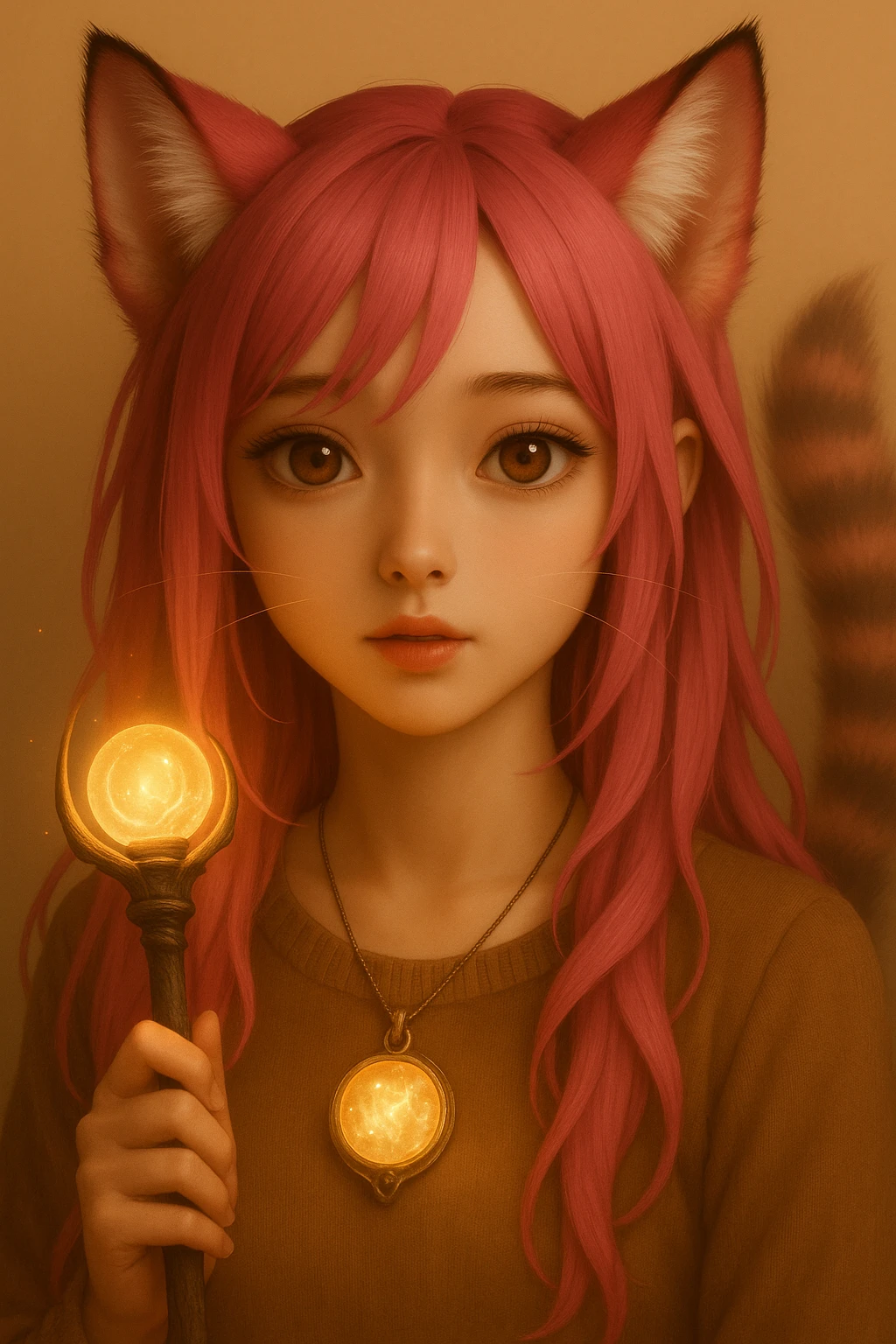 Add a magical accessory such as a glowing staff or enchanted pendant to the catgirl, keeping the realistic anime style and pink hair. emoji
