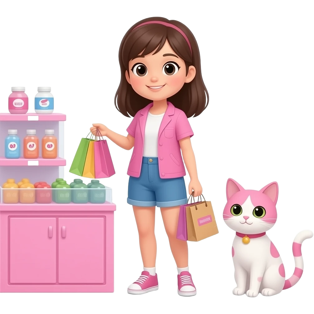 cat pink and hite, female, shoping pink girl emoji
