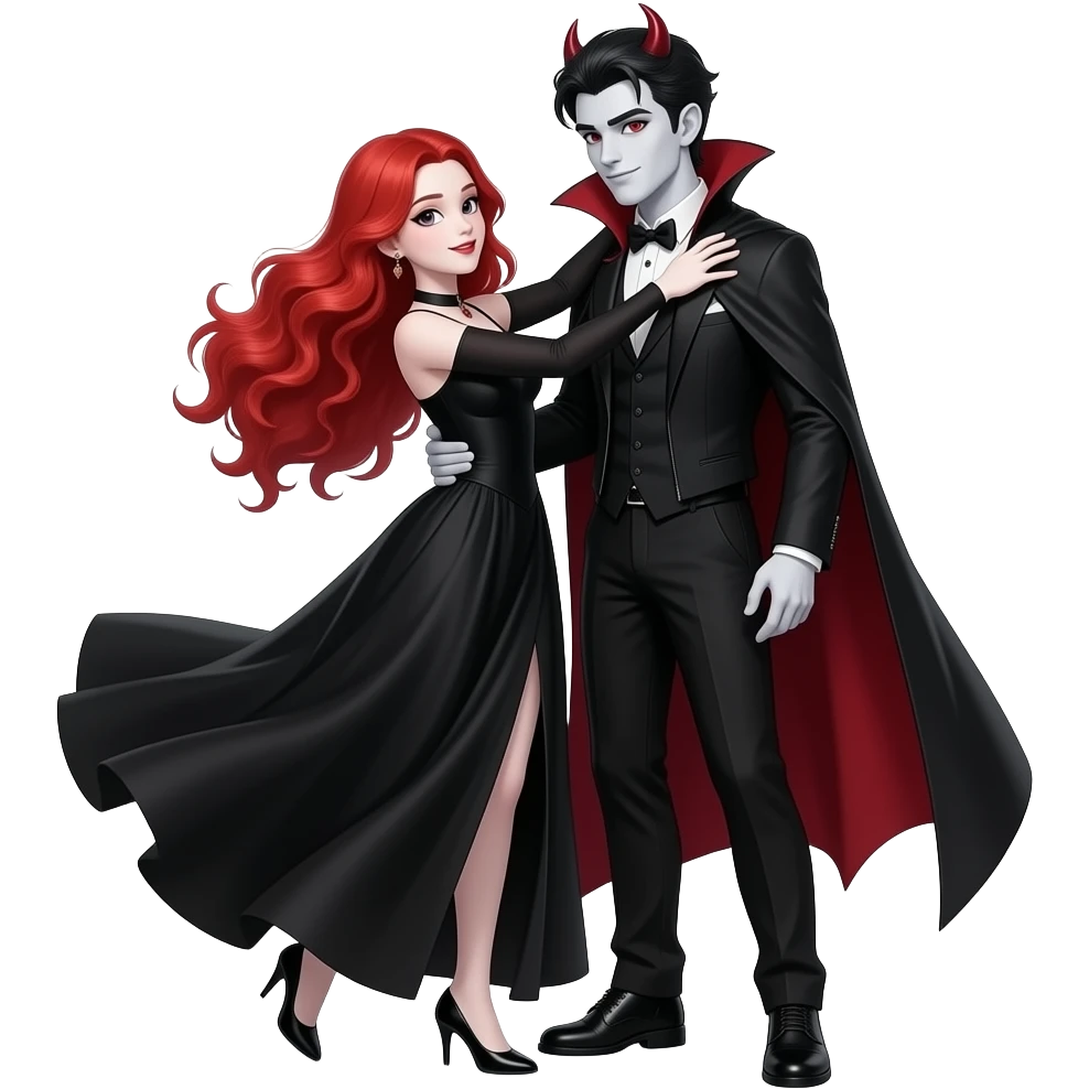 Vampiro femmina ADOLESCENTE con pelle bianca e capelli rosso ondulati lunghi che indossa un vestito nero LUNGO con le maniche lunghe che balla con le MANI INTORNO AL COLLO del suo ragazzo VAMPIRO ADOLESCENTE con la pelle bianca e le scarpe nere emoji