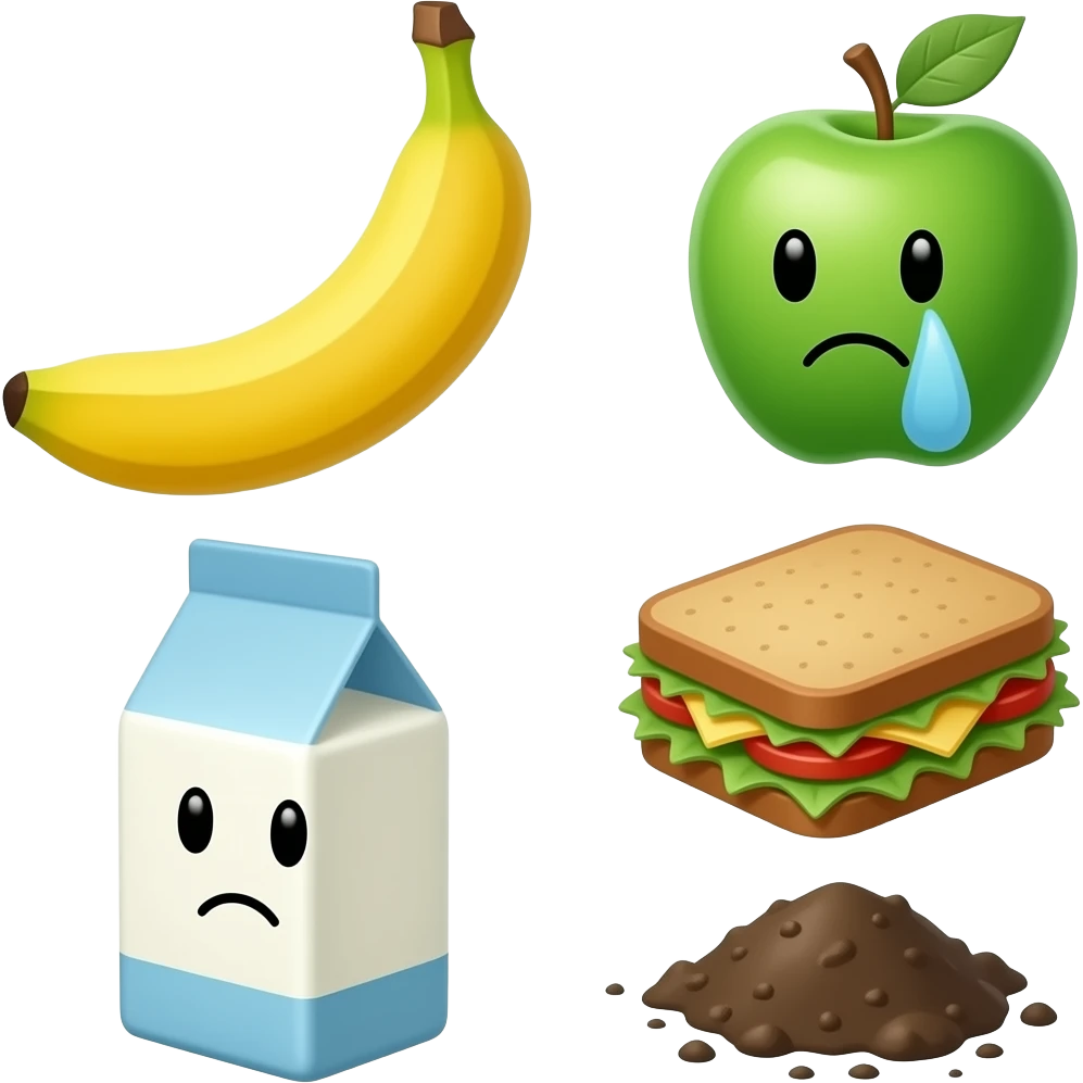 fridge with brown banana apple sandwich not happy sad green smells crying cute smelly face milk dirty emoji