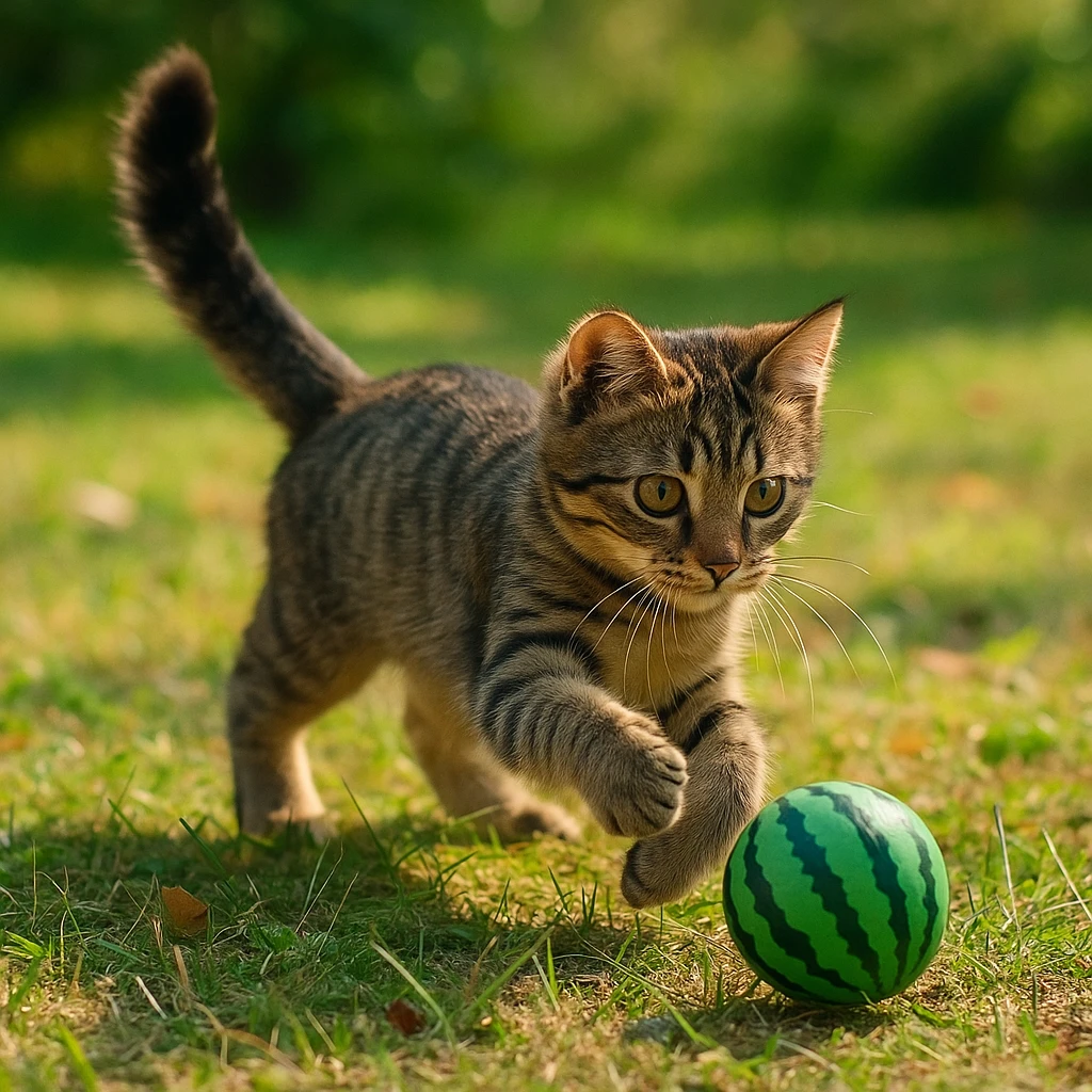 A cat chasing a ball that looks like the uploaded image emoji