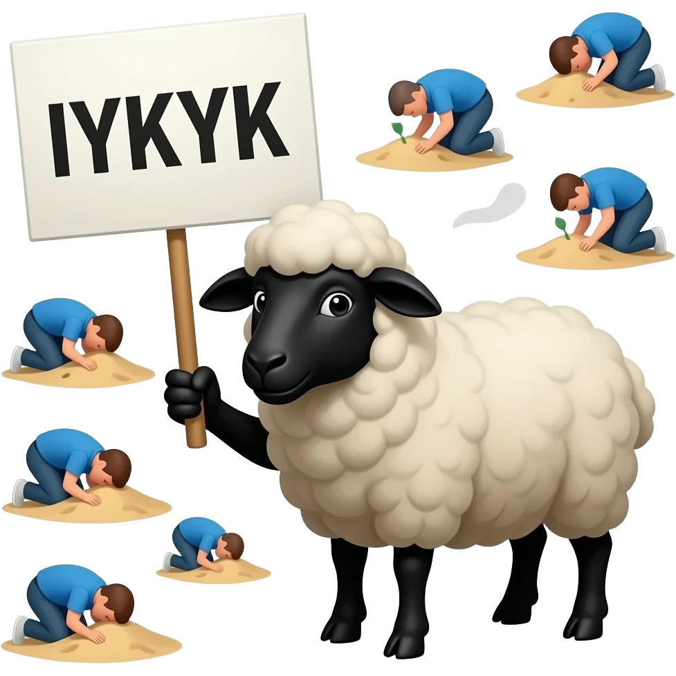 Full black wool Black sheep with a sign saying “IYKYK. and in the background is people Burying their heads in the sand in blue tops. but they are people not sheep emoji