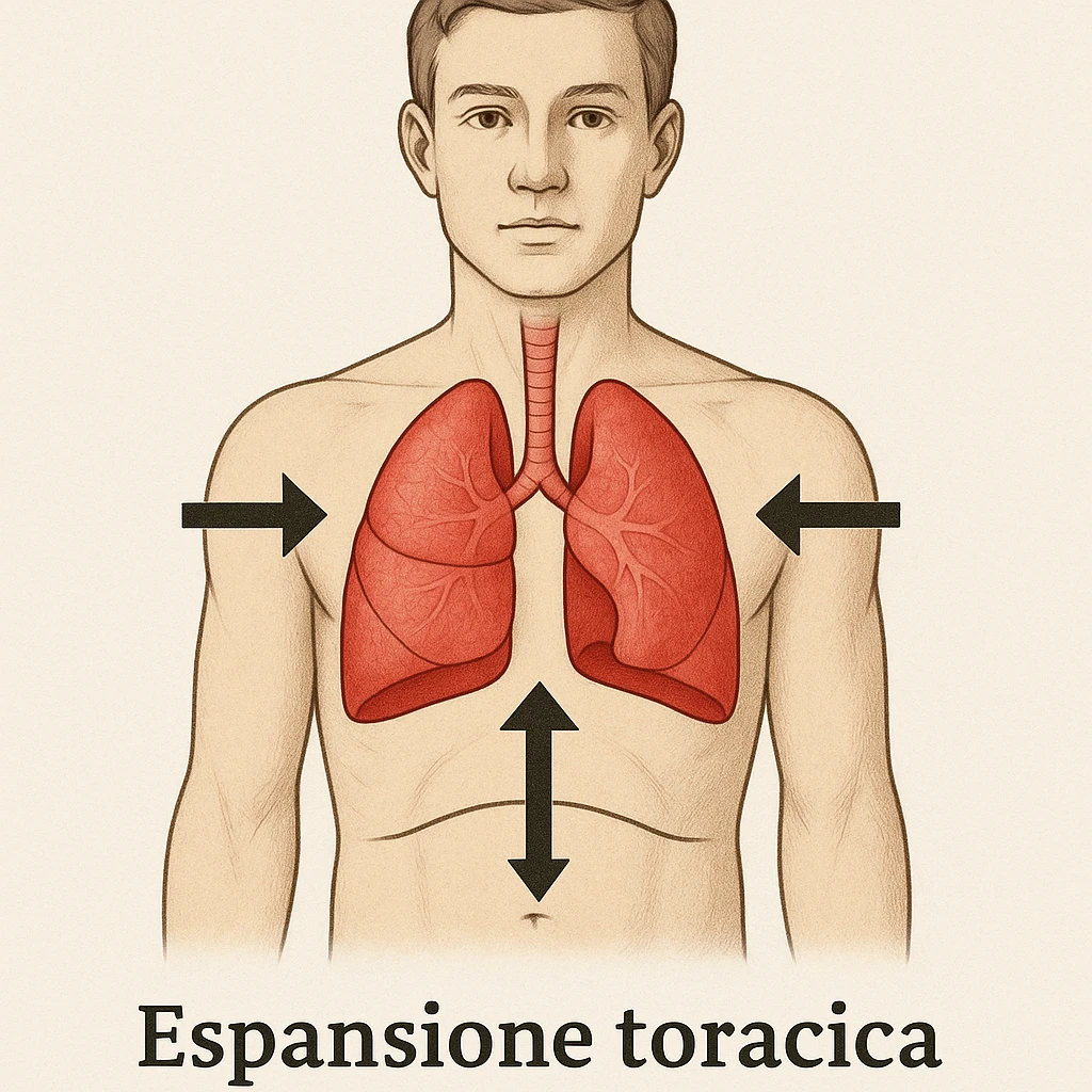 front view with highlighted lungs, lowered diaphragm, arrows showing thoracic expansion, caption in Italian emoji