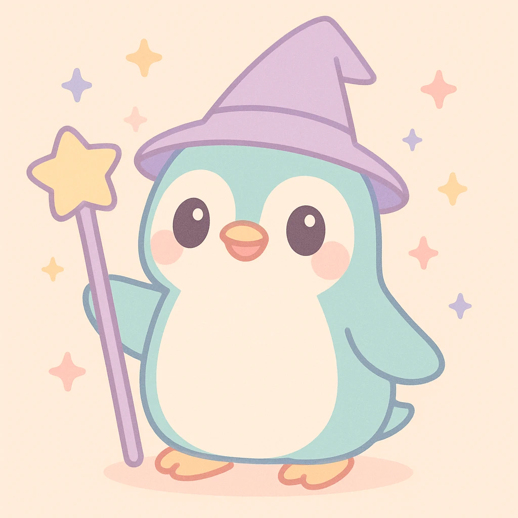 whimsical style penguin dressed as a wizard, wearing a pointed hat and holding a magic staff emoji