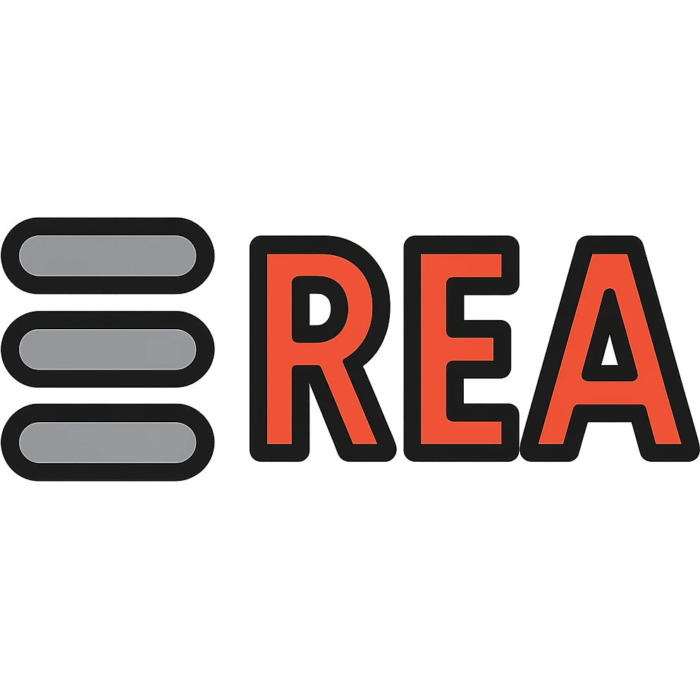 Update the symbol to have four grey horizontal lines of different lengths: the first line is the third longest, the second line is the second longest (slightly longer than the first), the third line is the shortest (slightly shorter than the first), and the fourth line is the longest (slightly longer than the second). The text 'REA' should be in bold, red-orange capital letters, not yellow or pale orange. Keep the style clean and modern, with no background. emoji